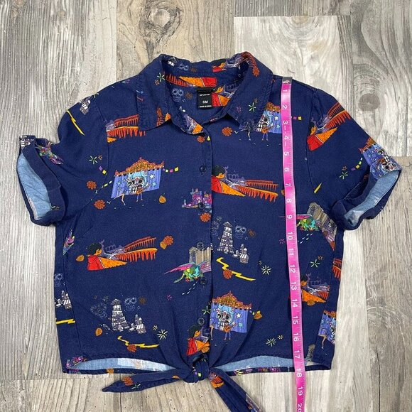 Her Universe Disney Pixar Coco Womens Tie Front Woven Top Small Blue Button Down - Picture 7 of 7